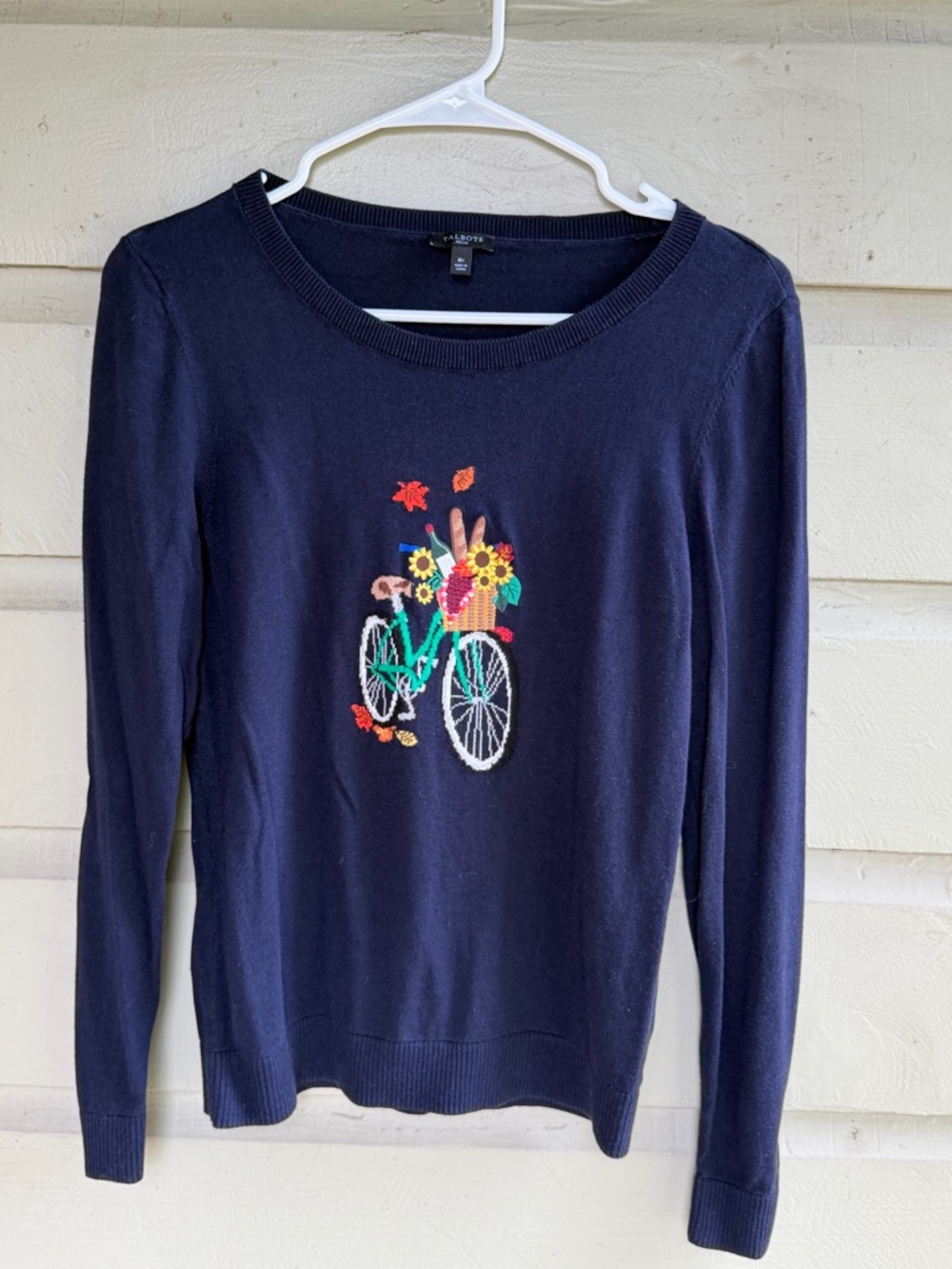 Talbots Petite Navy Sweater w/ Bicycle & Floral Embroidery
